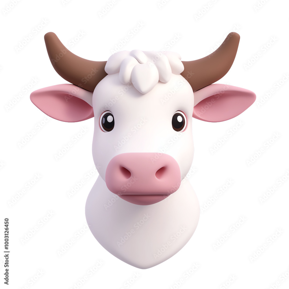 Cute cartoon cow head with big eyes and horns, white isolated background. transparent background Cute cartoon cow head with big eyes and horns, white isolated background. transparent background