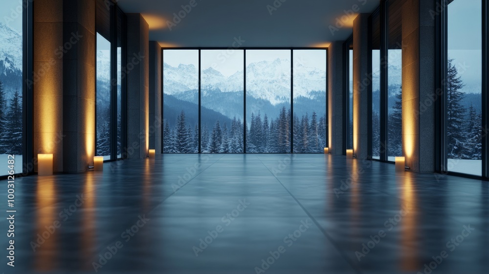 Luxury winter resort spa with candles and snowy mountains visible through large windows ultimate relaxation Luxury winter resort spa with candles and snowy mountains visible through large windows ultimate relaxation