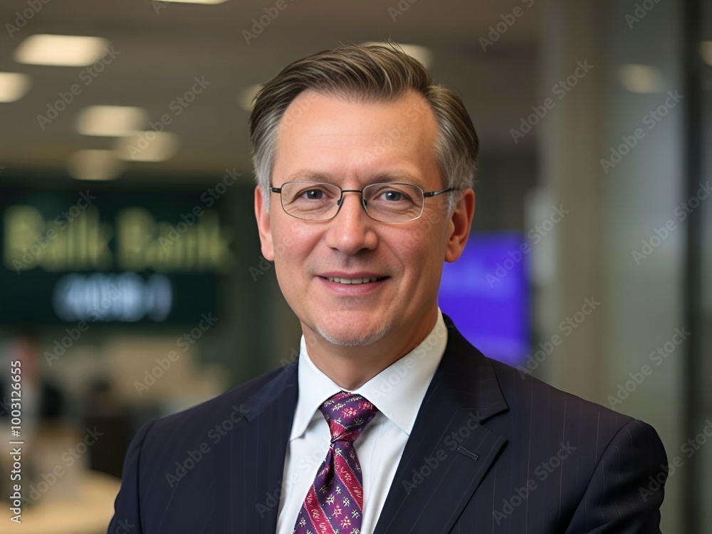 A corporate executive in the banking sector, exemplifying leadership and professionalism in a modern office environment. A corporate executive in the banking sector, exemplifying leadership and professionalism in a modern office environment.