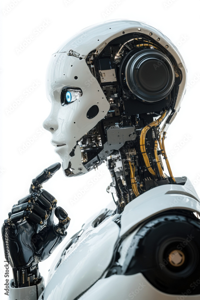 A futuristic white and black humanoid robot deep in thought with intricate mechanical details visible. A futuristic white and black humanoid robot deep in thought with intricate mechanical details visible.