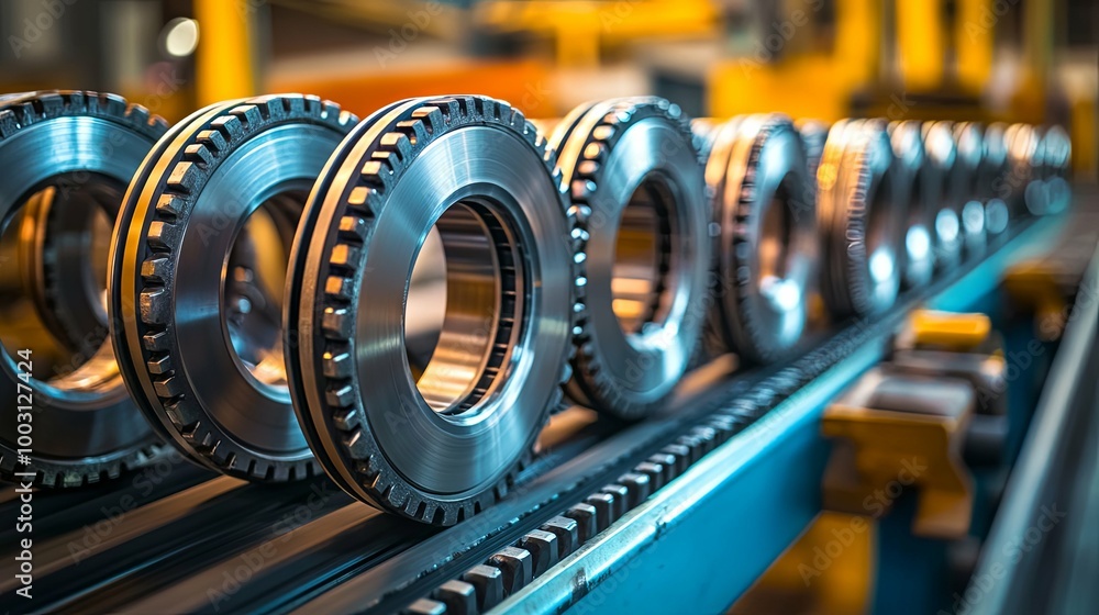 Close-up of Metallic Gears on a Conveyor Belt in a Factory Close-up of Metallic Gears on a Conveyor Belt in a Factory