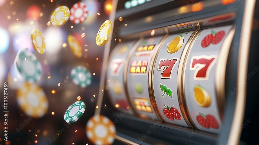 Vibrant Slot Machine with Spinning Reels and Chips Vibrant Slot Machine with Spinning Reels and Chips
