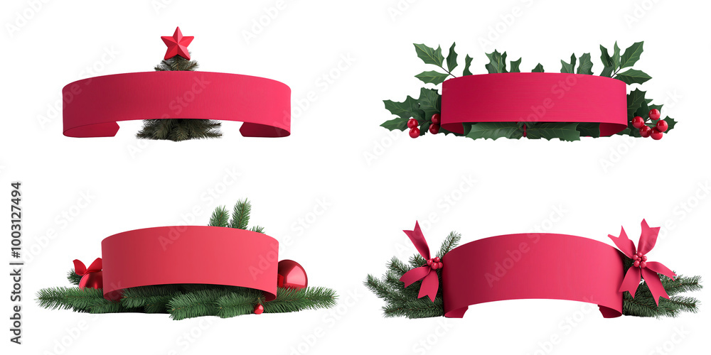 Festive red banners with pine and holly leaves on white isolated background. transparent background Festive red banners with pine and holly leaves on white isolated background. transparent background