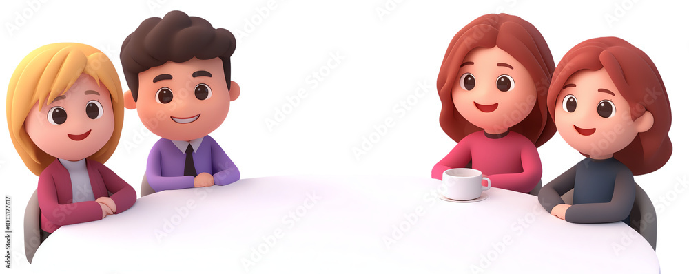 Four cartoon characters sitting at a table, smiling and engaging in conversation. transparent background Four cartoon characters sitting at a table, smiling and engaging in conversation. transparent background