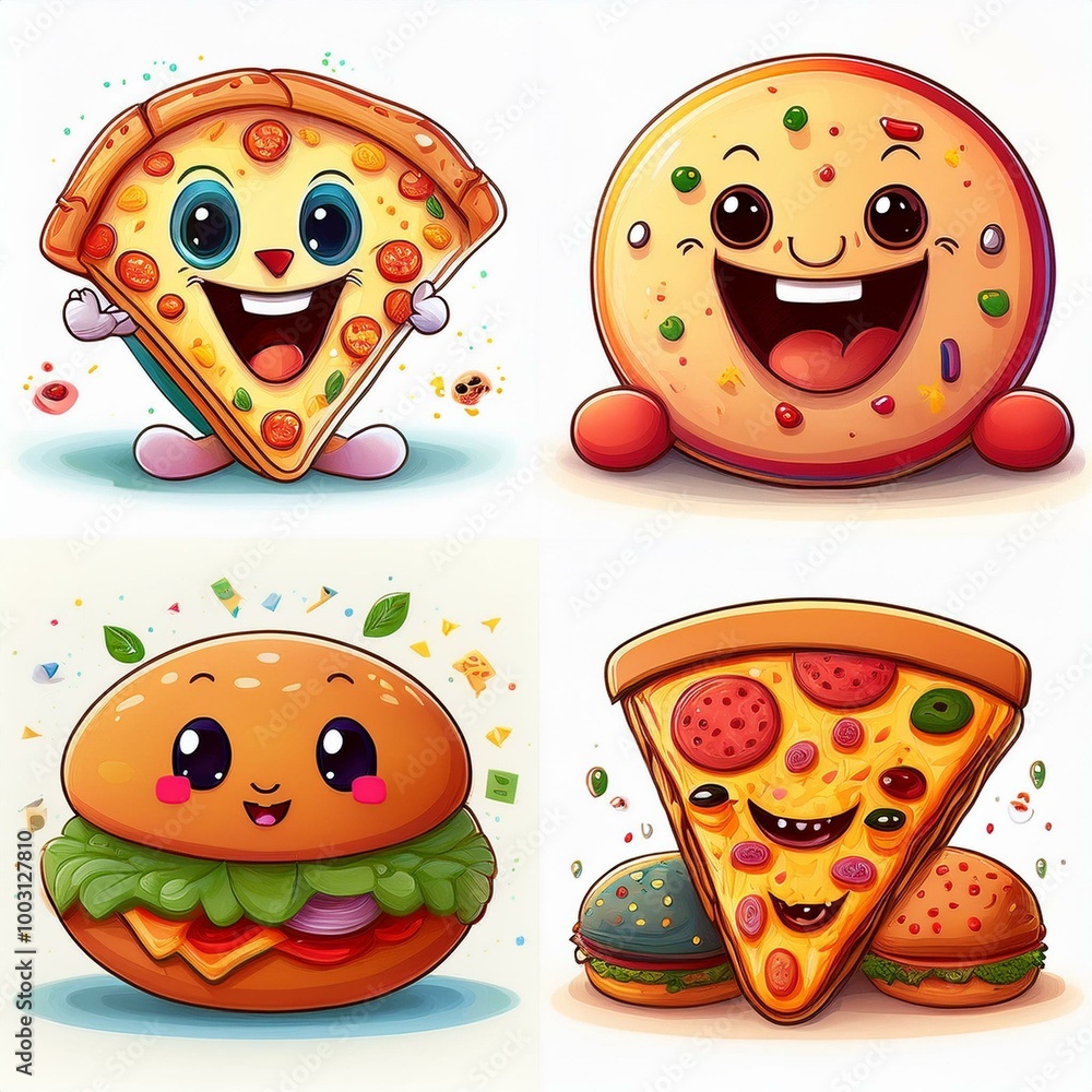 A series of cute food characters, like a happy slice of pizza and a smiling burger, with playful expressions and vibrant colors, perfect for children's content A series of cute food characters, like a happy slice of pizza and a smiling burger, with playful expressions and vibrant colors, perfect for children's content