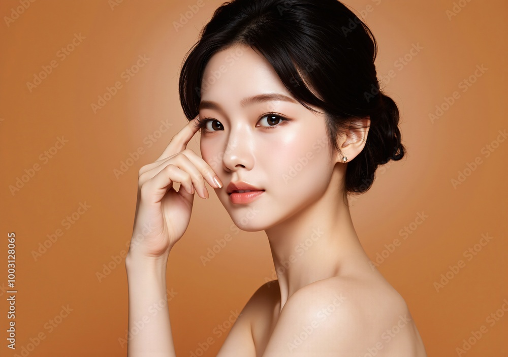 A young woman with sparkling eyes, standing, surrounded by orange background A young woman with sparkling eyes, standing, surrounded by orange background