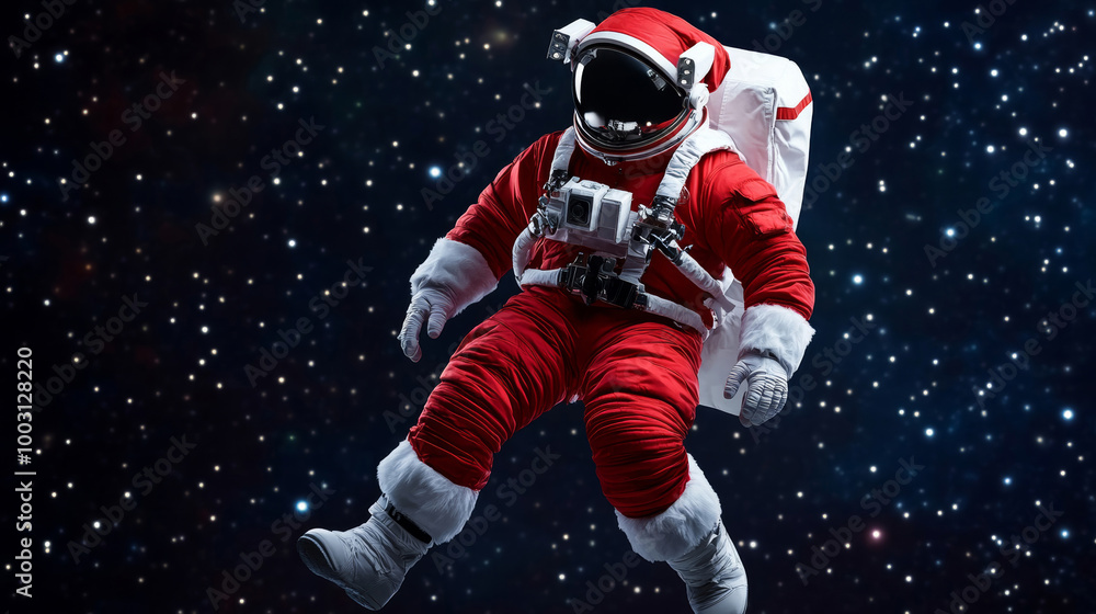 Fototapeta premium Santa Claus as an astronaut floating in space with a red and white spacesuit, isolated on a starry background 