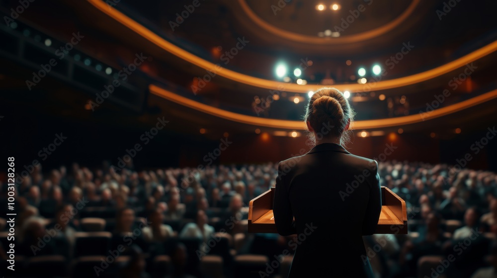 Rear View of Woman Speaking from Podium to Large Audience in Grand Theater Auditorium Rear View of Woman Speaking from Podium to Large Audience in Grand Theater Auditorium