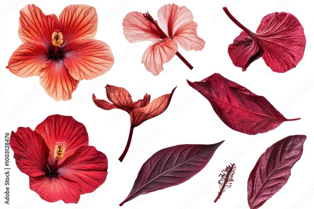 Obraz premium Flat lay of realistic pressed hibiscus petals on a white background, in various shapes and sizes, in a red color palette Generative AI