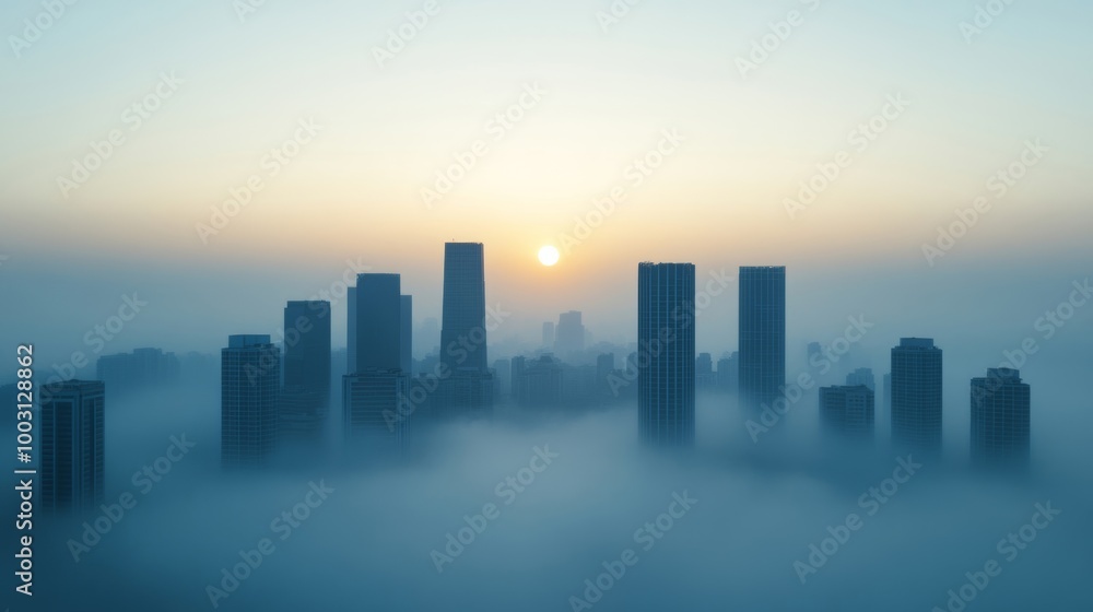 Smog-filled city skyline with hazy air and muted sunlight poor air quality warning Smog-filled city skyline with hazy air and muted sunlight poor air quality warning