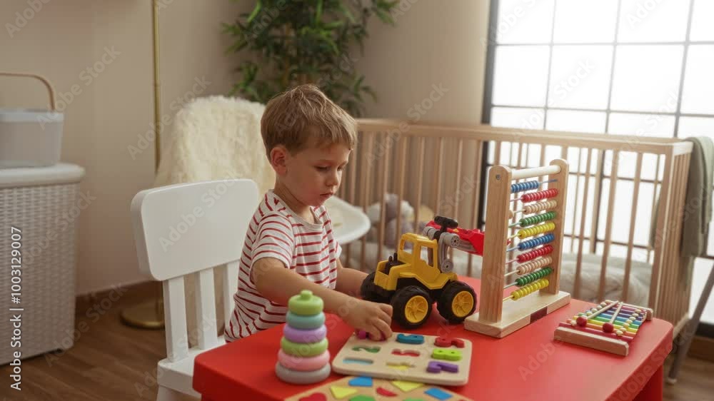 Toddler boy playing with educational toys at home inside an indoor cozy kindergarten classroom environment with wooden furniture and vibrant toys Toddler boy playing with educational toys at home inside an indoor cozy kindergarten classroom environment with wooden furniture and vibrant toys