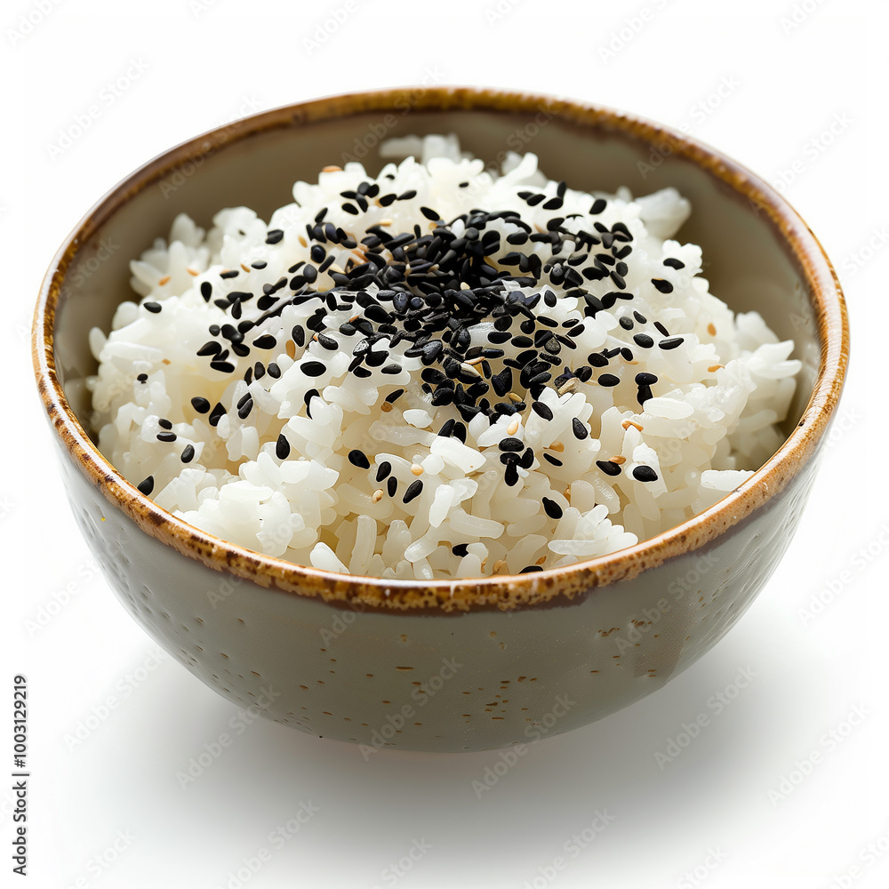 Light blue ceramic bowl filled with freshly cooked rice and topped with sesame. Light blue ceramic bowl filled with freshly cooked rice and topped with sesame.