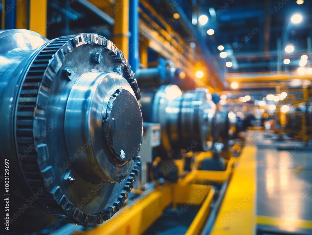 Fototapeta premium Industrial machinery operating in factory setting, showcasing intricate components and machinery under bright lights. scene conveys sense of efficiency and modern technology
