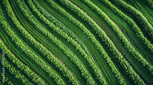 Aerial View of Curved Rows of Lush Green Crops