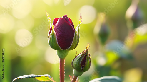 Close up of red rose bud in sunlight photo