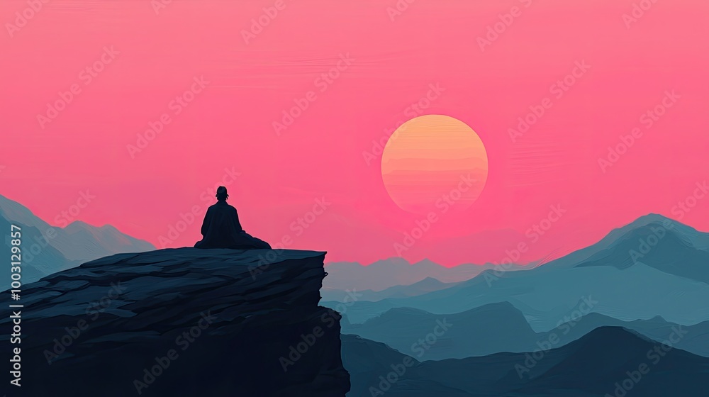 A weary traveler resting on the edge of a cliff, looking at the rising sun, symbolizing hope after relentless effort, pink A weary traveler resting on the edge of a cliff, looking at the rising sun, symbolizing hope after relentless effort, pink