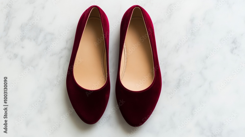 Stylish ballet flats in deep burgundy suede, placed on a marble surface, minimalist chic with a rounded toe Stylish ballet flats in deep burgundy suede, placed on a marble surface, minimalist chic with a rounded toe