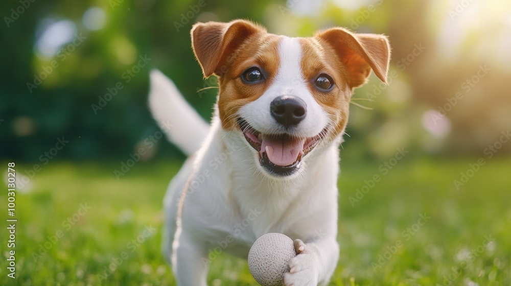 A small dog running with a ball in its mouth, AI A small dog running with a ball in its mouth, AI