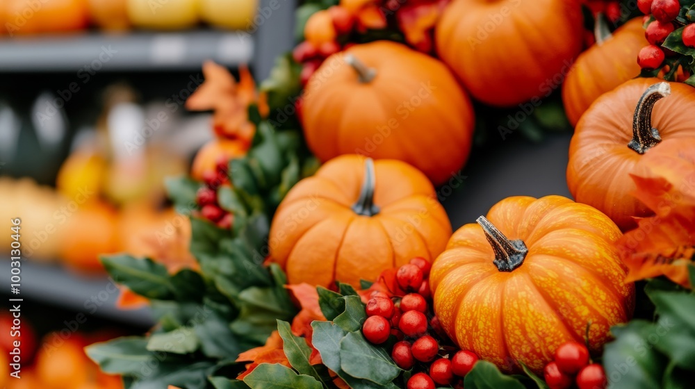 Thanksgiving wreath with vibrant autumn leaves, pumpkins, and gourds displayed on a store counter, warm natural lighting Thanksgiving wreath with vibrant autumn leaves, pumpkins, and gourds displayed on a store counter, warm natural lighting