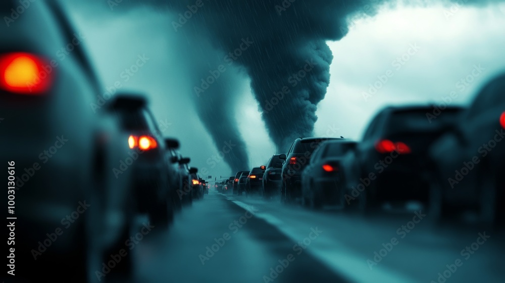 Tornado over a highway with cars pulled to the side as drivers seek ...