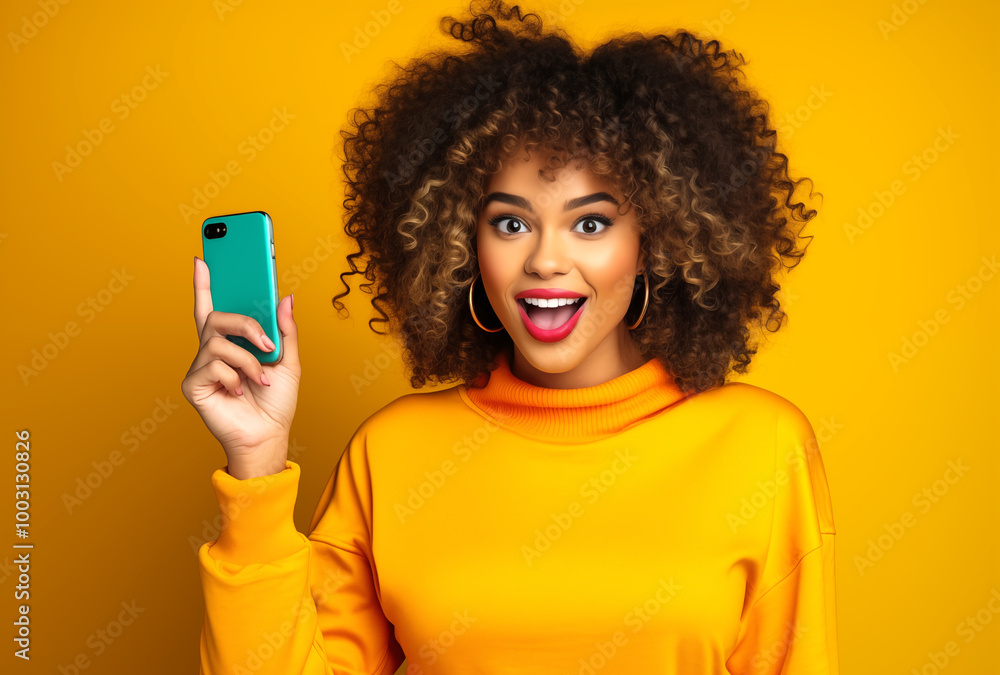 Retrato de mujer.
Una mujer con cabello rizado sostiene un teléfono celular verde en su mano. Está sonriendo y feliz. Retrato de mujer.
Una mujer con cabello rizado sostiene un teléfono celular verde en su mano. Está sonriendo y feliz.