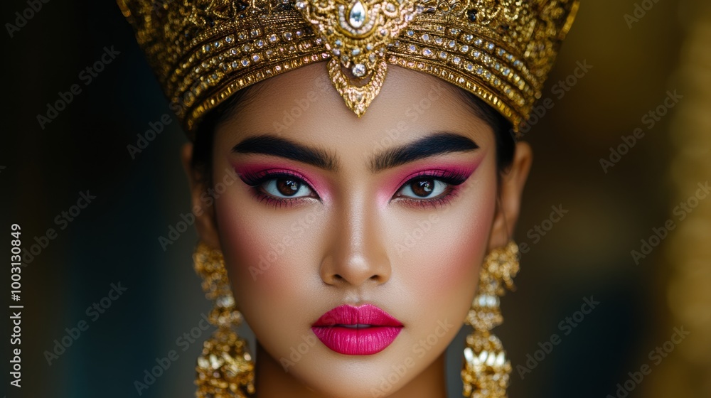 Traditional Thai dancer in full performance makeup with bright pink blush and metallic eyeshadow against a royal background Traditional Thai dancer in full performance makeup with bright pink blush and metallic eyeshadow against a royal background