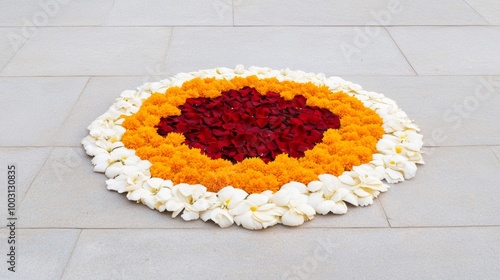 Traditional Rangoli made with flower petals in vibrant hues of marigold, rose, and jasmine set on a courtyard floor  photo