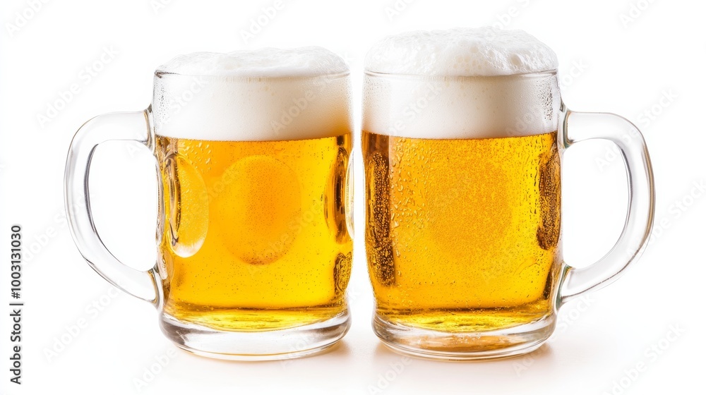 Two clinking beer mugs overflowing with foam isolated on a white background Oktoberfest celebration Two clinking beer mugs overflowing with foam isolated on a white background Oktoberfest celebration