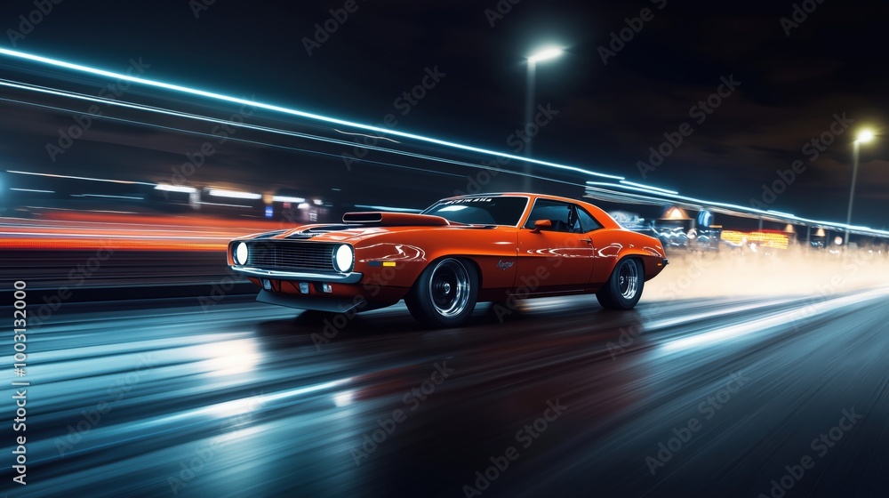 Classic muscle car racing at night with motion blur Classic muscle car racing at night with motion blur