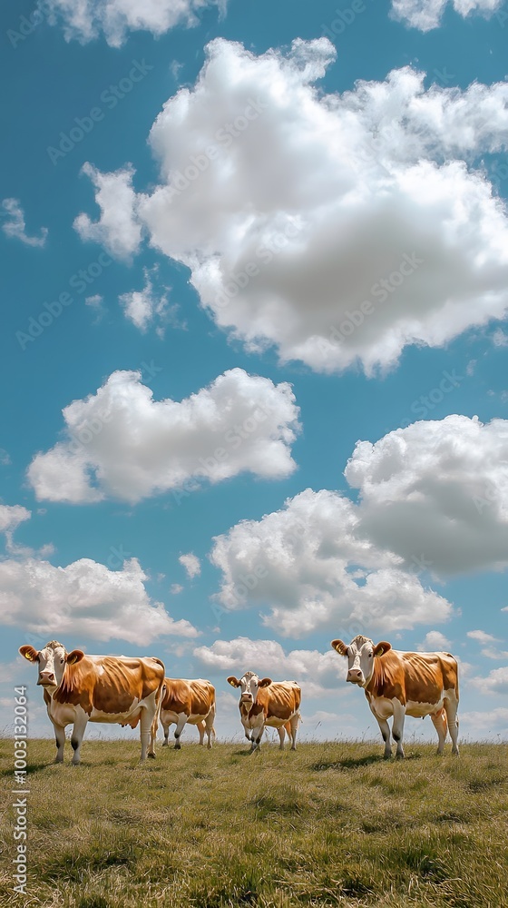 Obraz premium Spotted Cows Grazing in the Vast Field under the Blue Sky with Clouds, Standard Background, Wallpaper, Cover and Screen for Smartphone, PC, Laptop, 9:16 and 16:9 Format