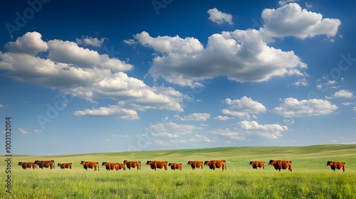 Spotted Cows Grazing in the Vast Field under the Blue Sky with Clouds, Standard Background, Wallpaper, Cover and Screen for Smartphone, PC, Laptop, 9:16 and 16:9 Format