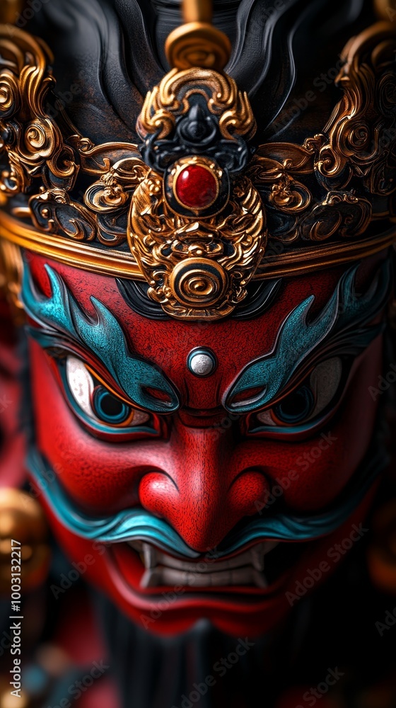 Fototapeta premium A colorful, intricately designed deity mask featuring fierce expression and ornate decorations