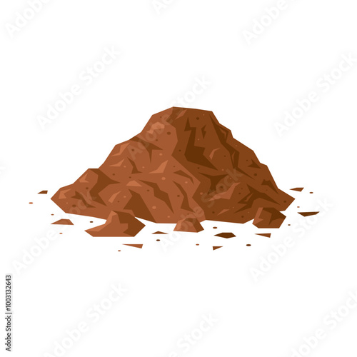 Dirt pile. Brown geometric soil heap in cartoon style. Vector illustration isolated on a white background. Ground clipart for construction, agricultural, environmental designs.