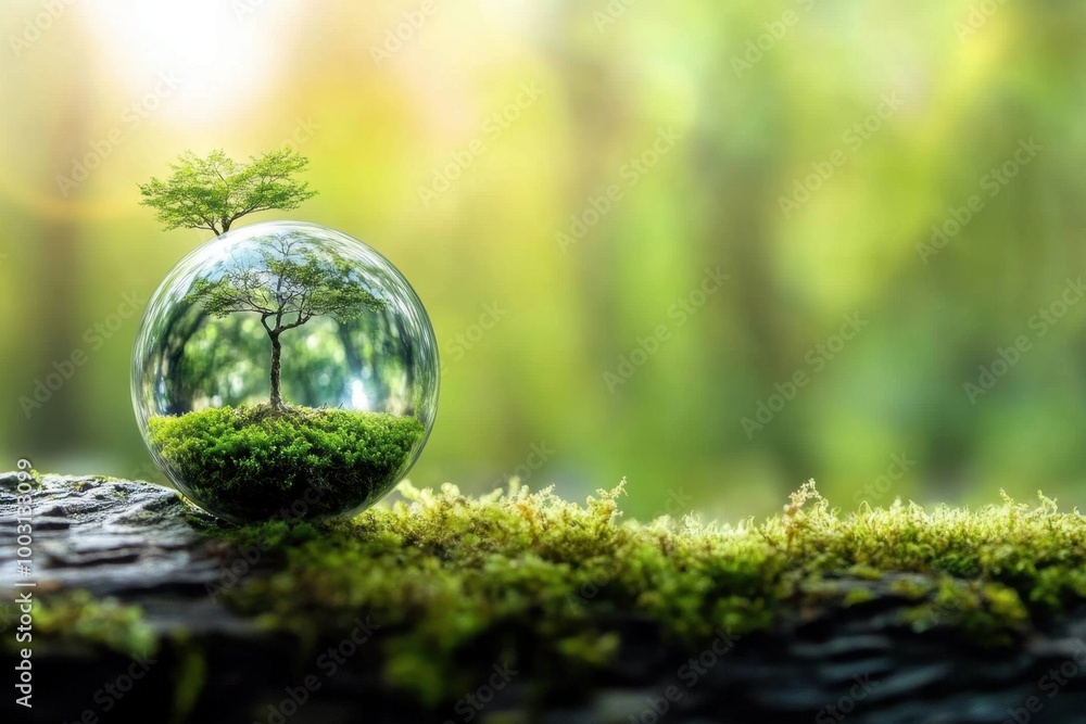 A tiny tree growing inside a glass sphere resting on moss in a lush forest setting during daylight A tiny tree growing inside a glass sphere resting on moss in a lush forest setting during daylight