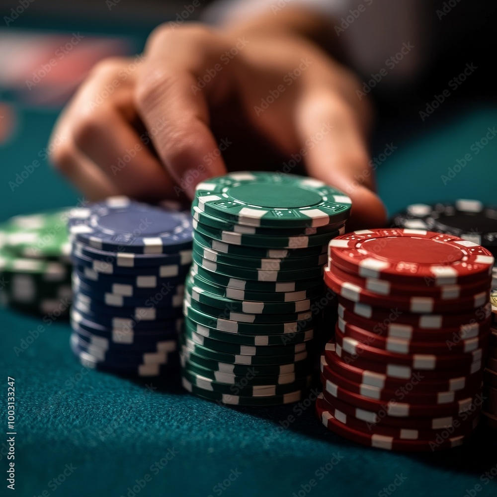 Poker chips on green table. Casino concept. Close up. Poker chips on green table. Casino concept. Close up.