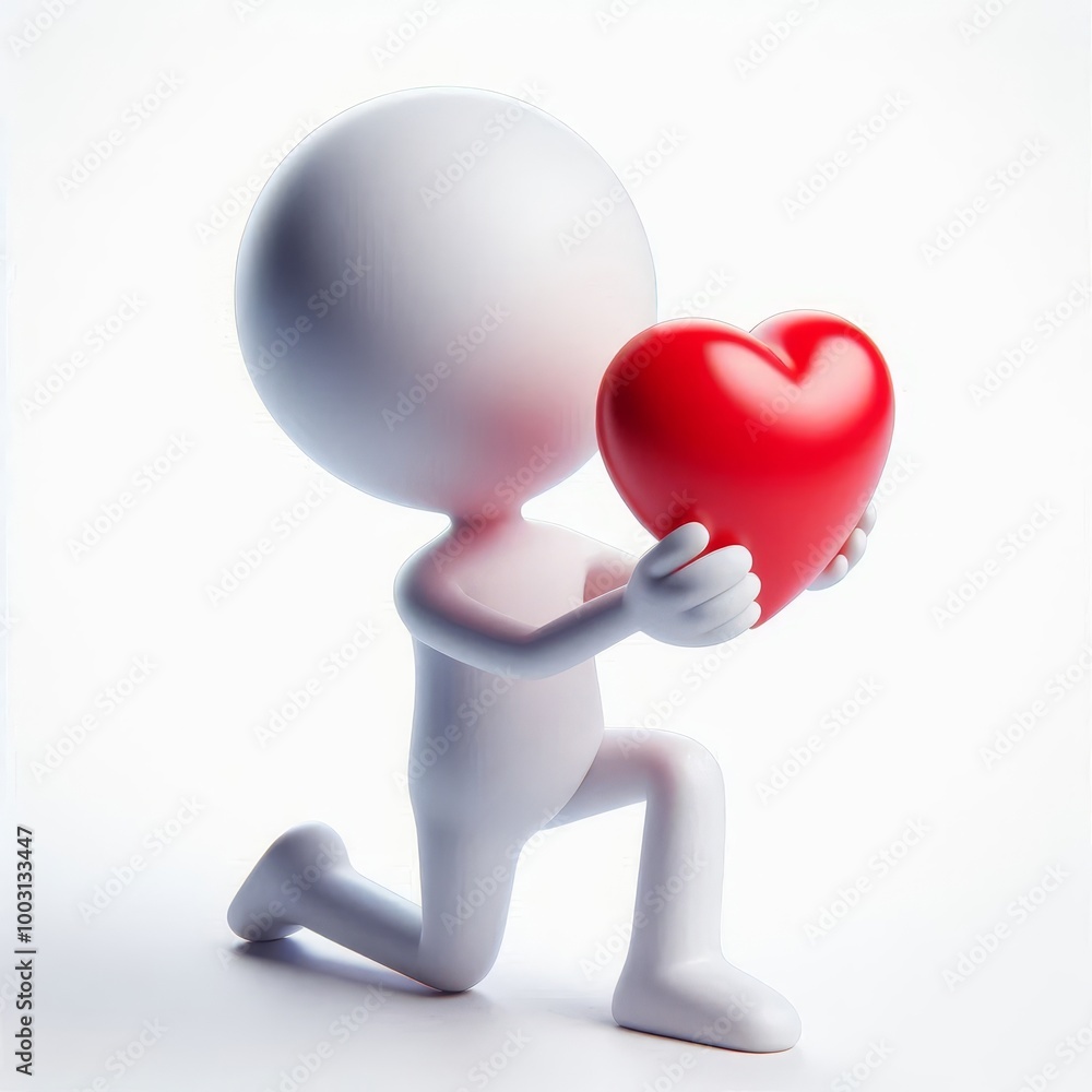 A minimalistic figure kneels while holding a vibrant red heart, symbolizing love and affection A minimalistic figure kneels while holding a vibrant red heart, symbolizing love and affection