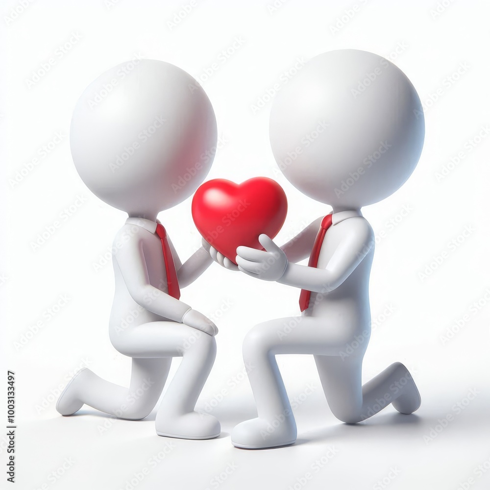 Two stylized figures in ties kneel, exchanging a red heart, symbolizing love and affection Two stylized figures in ties kneel, exchanging a red heart, symbolizing love and affection