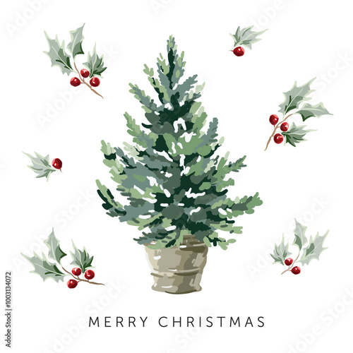 Christmas tree, holly twigs with red berries, text, white background. Design template for the card, poster, t shirt. Vector illustration. Forest nature. Winter holidays. Season greeting