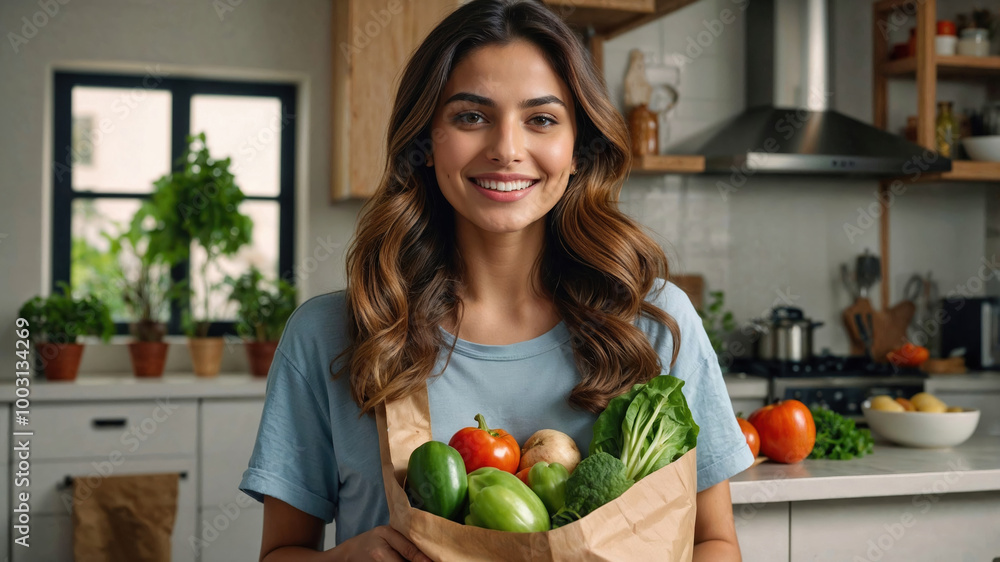 Happy woman / housewife holding a paper bag full of fresh vegetable and groceries. AI Generated.
