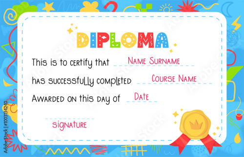 Blue Kindergarten kids diploma template with wax seal imitation. Boy congratulation blank. Stock vector illustration in flat style.