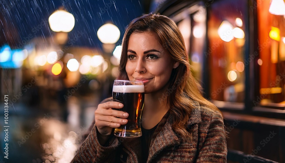 beautiful young woman drinking beer in the rain, AI generated beautiful young woman drinking beer in the rain, AI generated