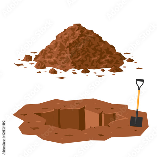 Ground pit with a shovel. Cartoon hole in a soil and a dirt heap near it. Vector illustration isolated on a white background. Clipart for construction, agricultural, environmental designs.