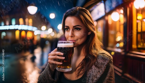 beautiful young woman drinking beer in the rain, AI generated