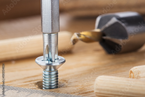 screwdriver screw in a wood oaks plank