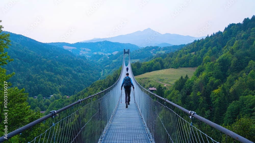 Obraz premium A hiker crossing a suspension bridge high above a valley, with distant mountains ahead, symbolizing moving forward despite challenges