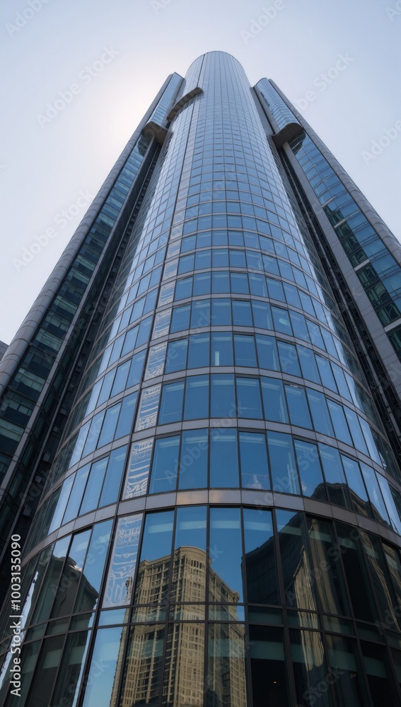 Low-angle shot of sleek curved skyscraper showcasing future architecture with glass windows Low-angle shot of sleek curved skyscraper showcasing future architecture with glass windows