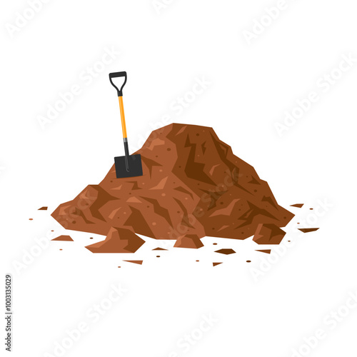 Dirt pile with a shovel. Brown geometric soil heap in cartoon style. Vector illustration isolated on a white background. Ground clipart for construction, agricultural, gardening designs.
