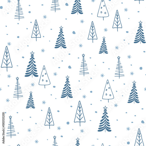 Doodle Christmas Trees seamless pattern. Winter landscape illustration. Scandinavian Simple snowing forest hand drawn Background. Pattern for packaging wallpaper textile