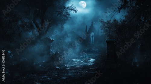 Spooky moonlit pathway in a misty forest, leading to an abandoned building, perfect for horror-themed visuals, Halloween promotions, and atmospheric storytelling