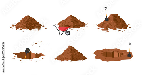 Dirt piles. Set of brown geometric soil heaps in flat style. Vector illustration isolated on a white background. Ground clipart for construction, agricultural, environmental designs.